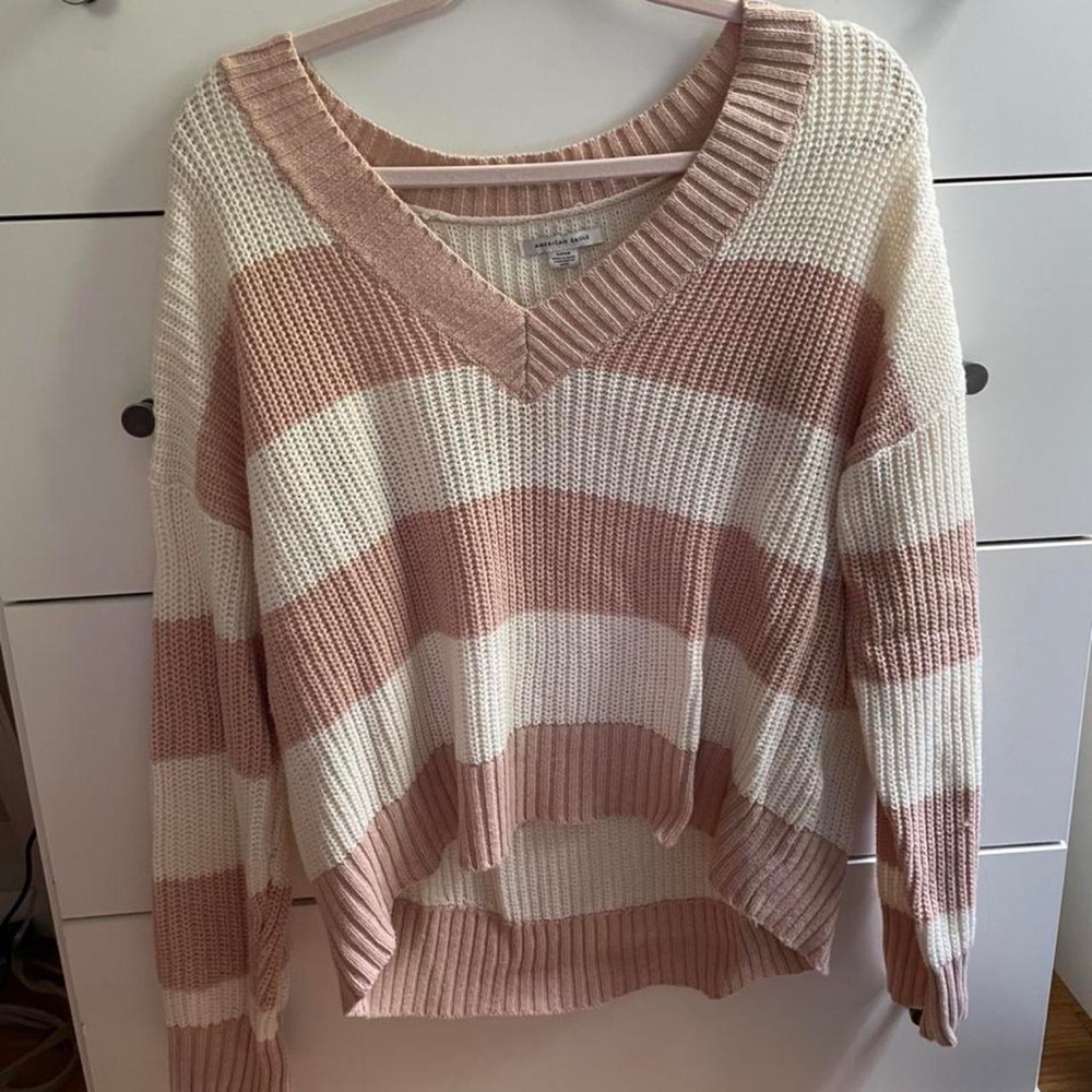 american eagle pink and white striped vneck sweater